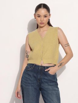 SHOWOFF - Edition Women Ribbed Mustard V-Neck Sleeveless Knitted Crop Top