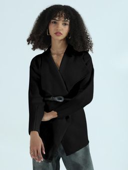 SHOWOFF - Edition Women Black Textured Knit Wrap Cardigan Top with Waist Belt (Set of 2)