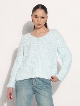 SHOWOFF - Edition Women Blue Round Neck Knitted Fuzzy Top