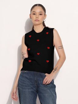 SHOWOFF - Edition Women Ribbed Black Round Neck Sleeveless Knitted Tank Top