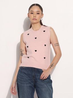 SHOWOFF - Edition Women Ribbed Pink Round Neck Sleeveless Knitted Tank Top