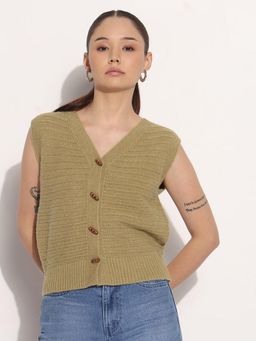 SHOWOFF - Edition Women Olive V-Neck Sleeveless Knitted Tank Top