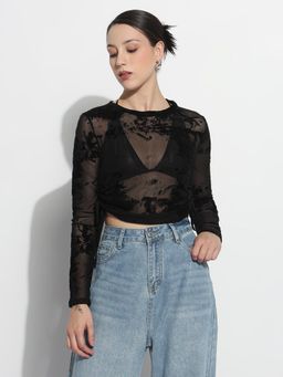 SHOWOFF - Edition Women Abstract Black Ruched Sheer Crop Top