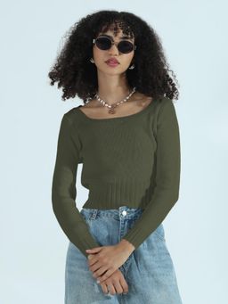 SHOWOFF - Edition Women Ribbed Green Round Neck Fitted Crop Top