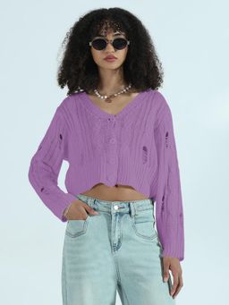 SHOWOFF - Edition Women Distressed Purple Cropped Sweater Top
