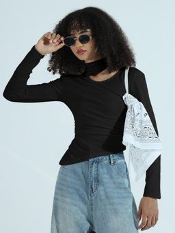 SHOWOFF - Edition Women Black Cut-Out High Neck Asymmetric Top