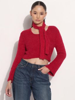 SHOWOFF - Edition Women Ribbed Red Round Neck Knitted Crop Top with Scarf (Set of 2)