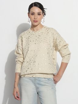 SHOWOFF - Edition Women Abstract Cream Round Neck Metallic Speckled Top