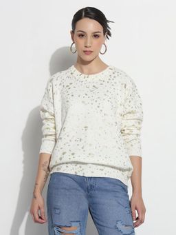 SHOWOFF - Edition Women Abstract Off White Round Neck Metallic Speckled Top
