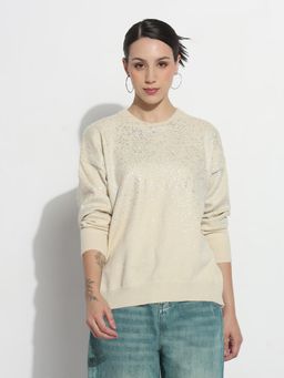 SHOWOFF - Edition Women Abstract Cream Round Neck Metallic Speckled Top
