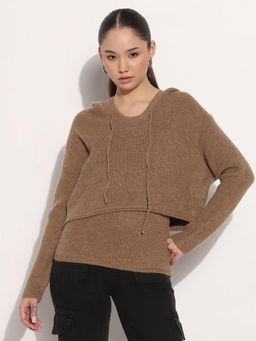 SHOWOFF - Women Ribbed Brown Crew Neck Sleeveless Knitted Tank Top with Sweater (Set of 2)