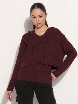 SHOWOFF - Women Ribbed Burgundy Crew Neck Sleeveless Knitted Tank Top with Sweater (Set of 2)