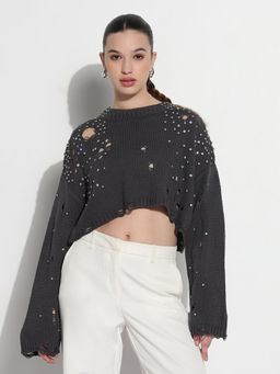 SHOWOFF - Edition Women Embellished Charcoal Ripped Studs Crop Top