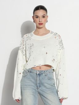 SHOWOFF - Edition Women Embellished Off White Ripped Studs Crop Top
