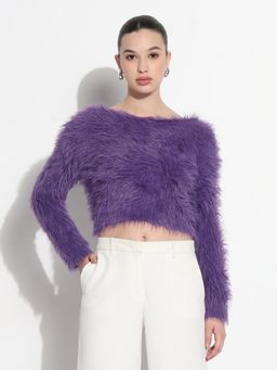 SHOWOFF - Edition Women Textured Purple Fuzzy Round Neck Crop Top