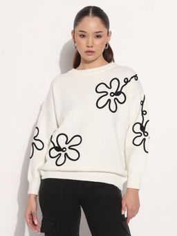 SHOWOFF - Women Ribbed White Round Neck Knitted Top