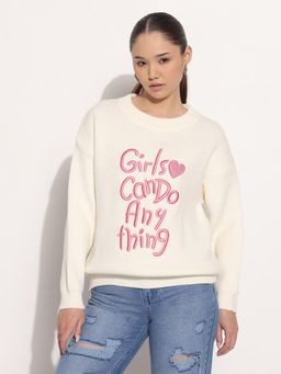 SHOWOFF - Edition Women Embroidered Cream Round Neck Knitted Top