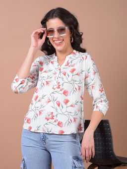 CRIMSOUNE CLUB - Women White Floral Print Mandarin Neck Linen Top