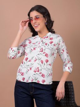 CRIMSOUNE CLUB - Women Floral Print White Mandarin Neck Linen Top