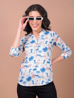 CRIMSOUNE CLUB - Women Blue Floral Print Mandarin Neck Linen Top