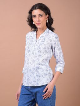 CRIMSOUNE CLUB - Women White Floral Print Mandarin Neck Linen Top