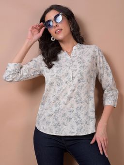 CRIMSOUNE CLUB - Women Beige Floral Print Mandarin Neck Linen Top