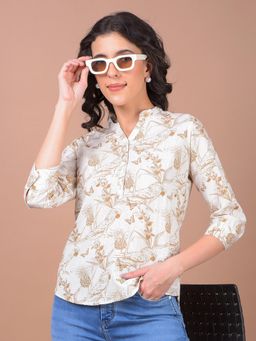 CRIMSOUNE CLUB - Women Olive Floral Print Mandarin Neck Linen Top