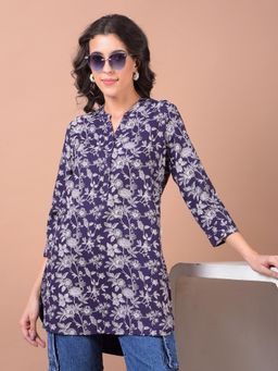 CRIMSOUNE CLUB - Women Purple Floral Print Mandarin Neck Top