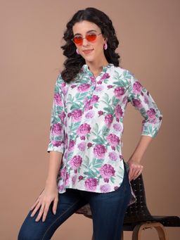 CRIMSOUNE CLUB - Women Purple Floral Print Mandarin Neck Top