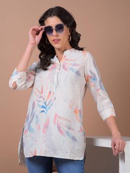 CRIMSOUNE CLUB - Women Grey Floral Print Mandarin Neck Linen Top