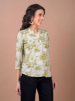 CRIMSOUNE CLUB - Women Green Printed Mandarin Neck Linen Top