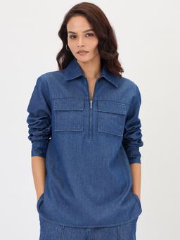 Femmella - Navy Blue Half Zip Up Denim Top