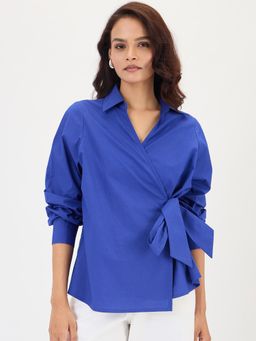 Femmella - Royal Blue Poplin Wrap Top