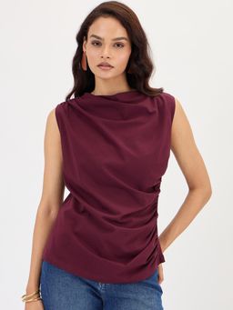 Femmella - Wine Cotton Knit Ruching Detail Top