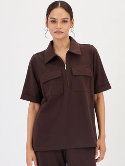 Femmella - Brown Half Zip Up Travel Top