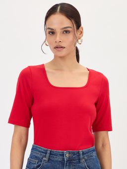 Femmella - Red Cotton Knit Bodysuit Top