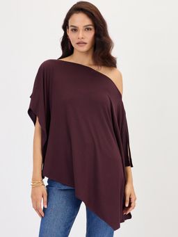 Femmella - Wine One Shoulder Knitted Kimono Top