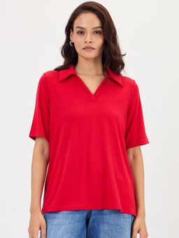 Femmella - Bamboo Red Knit Collared T-Shirt Top