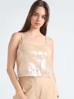 Calvin Klein - Regular Fit PU Shoulder Straps Neck Beige Crop Top