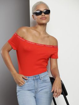 Calvin Klein - Slim Fit Cotton Off Shoulder Neck Off Shoulder Red Top