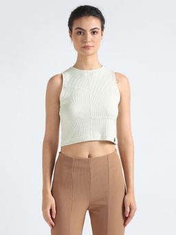 Calvin Klein - Regular Fit Cotton Crew Neck Off White Crop Top