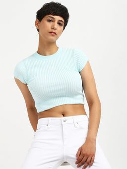 Calvin Klein - Slim Fit Cotton Crew Neck Blue Crop Top