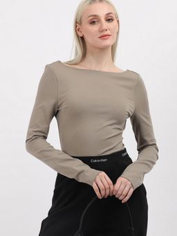 Calvin Klein - Slim Fit Viscose Boat Neck Brown Top