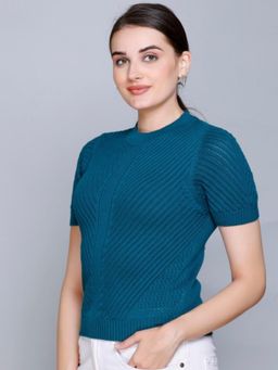 513 - Women Pure Cotton Crew Neck Half Sleeves Teal Top