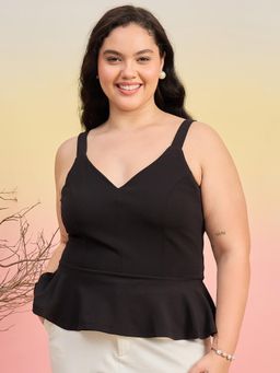 Kibo - Women Plus Size Shoulder Straps Black Peplum Top