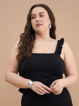 Kibo - Women Plus Size Shoulder Straps Black Ruffles Fitted Crop Top