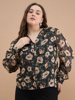 Kibo - Women Plus Size Black Floral Printed Top