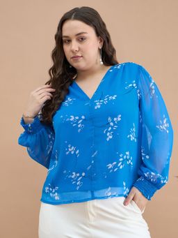 Kibo - Women Plus Size Floral Printed Blue Crepe Regular Crop Top