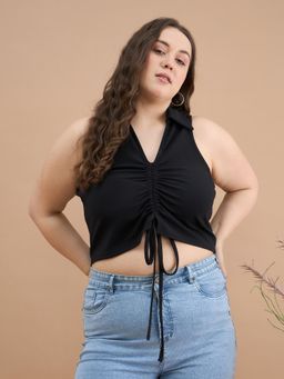 Kibo - Women Plus Size Shirt Collar Ruched Black Crop Top