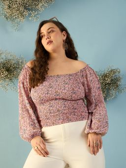 Kibo - Women Plus Size Floral Print Off-Shoulder Puff Sleeve Georgette Peach Crop Top